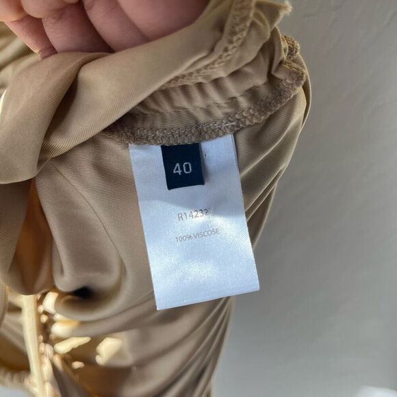 Atlein Dress Beige Ruched Long Sleeve Off Shoulder‎ Designer Midi Dress Size 40 - Picture 11 of 12